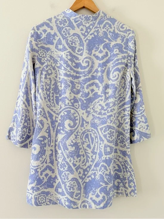 Coldwater Creek Linen Tunic Dress Blue White Paisley Print Pintuck Size M - Picture 2 of 13